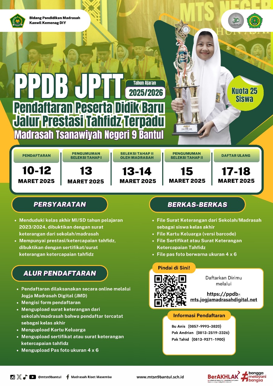 MTsN 9 Bantul Buka PPDB Jalur Prestasi Tahfidz Terpadu
