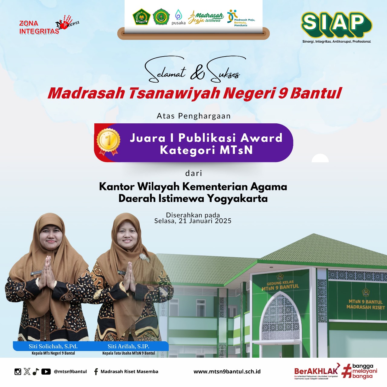 Setelah Tiga Tahun, Akhirnya MTsN 9 Bantul Kembali Juara I Publikasi Award Kanwil Kemenag DIY